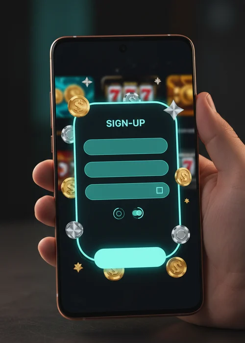 Frozen Casino registration form interface showing email and password fields for new players